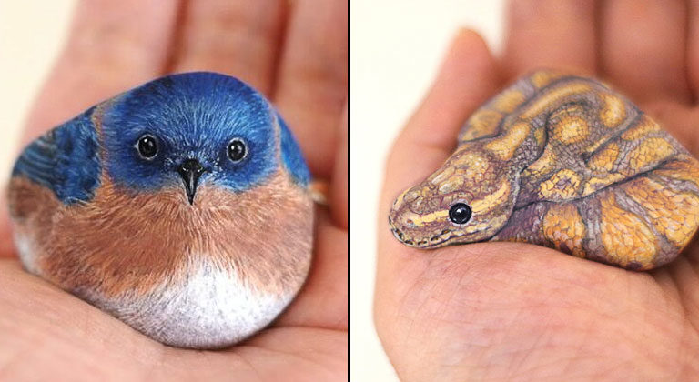Japanese artist transforms random stones into colorful animals
